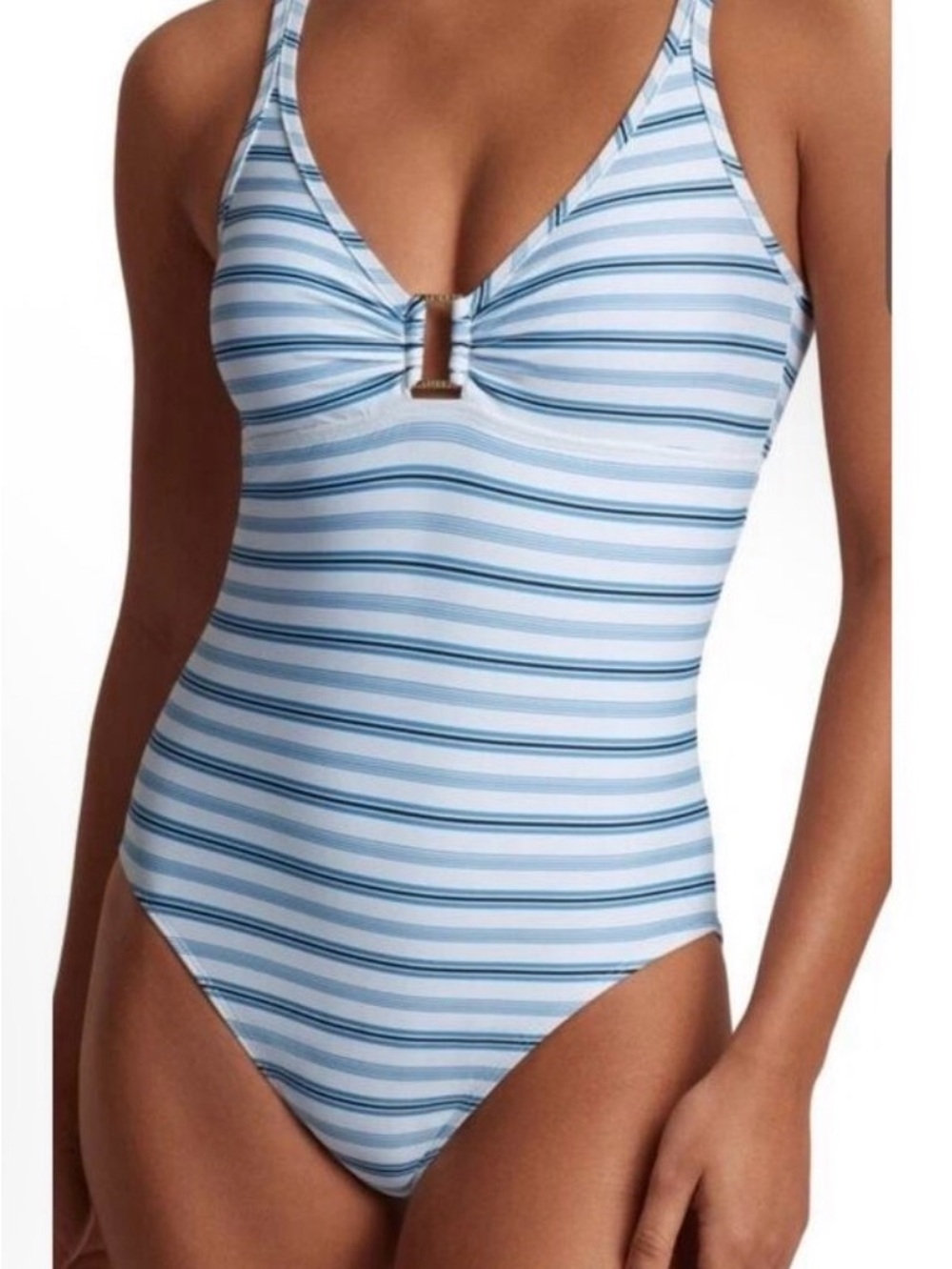 Lauren Ralph Lauren White and Blue Striped One-Piece Swimsuit